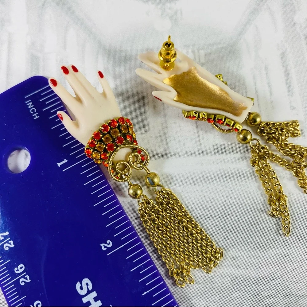 Artisan Red and Gold Hand Earrings OOAK handmade.